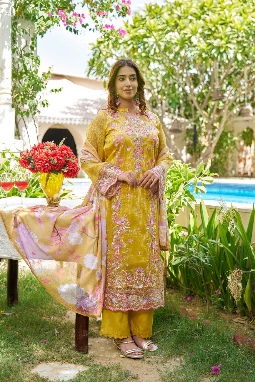 Mustard Floral Embroidered Kurta Set with Printed Dupatta