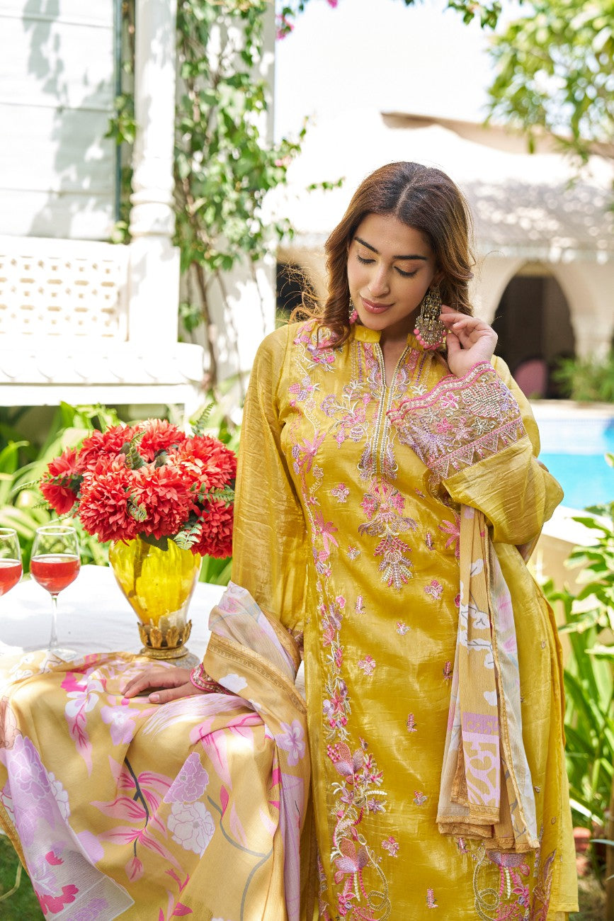 Mustard Floral Embroidered Kurta Set with Printed Dupatta