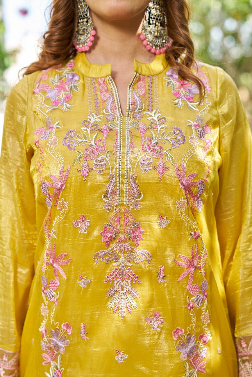 Mustard Floral Embroidered Kurta Set with Printed Dupatta