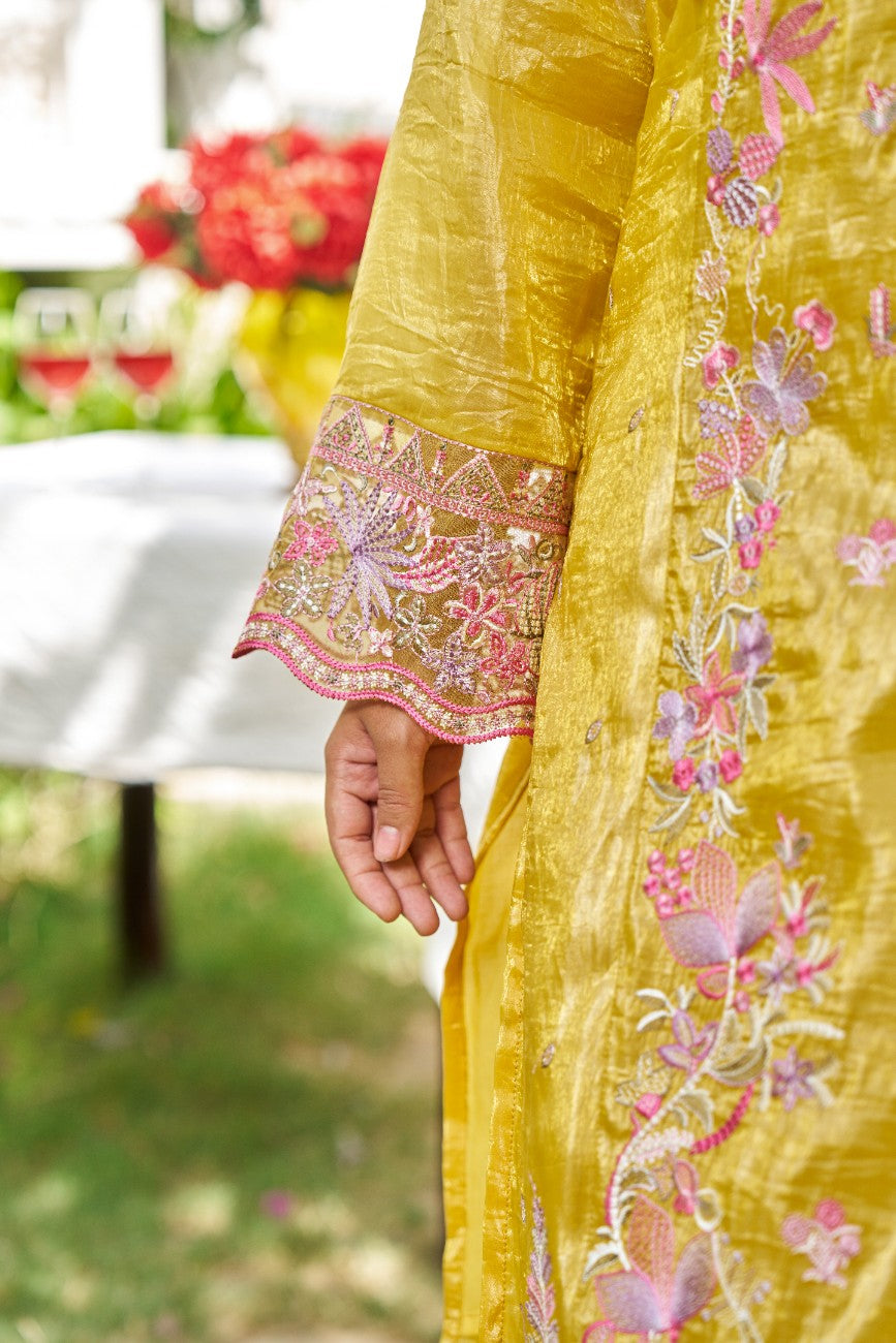 Mustard Floral Embroidered Kurta Set with Printed Dupatta