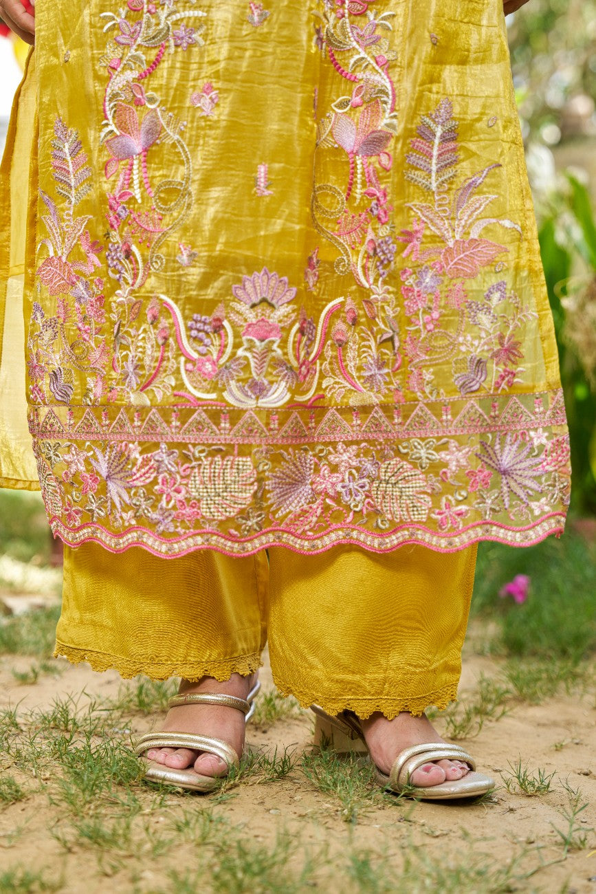 Mustard Floral Embroidered Kurta Set with Printed Dupatta