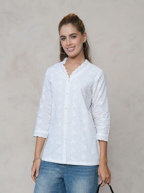 Women’s White Cotton Embroidered Shirt