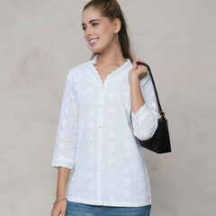 Women’s White Cotton Embroidered Shirt