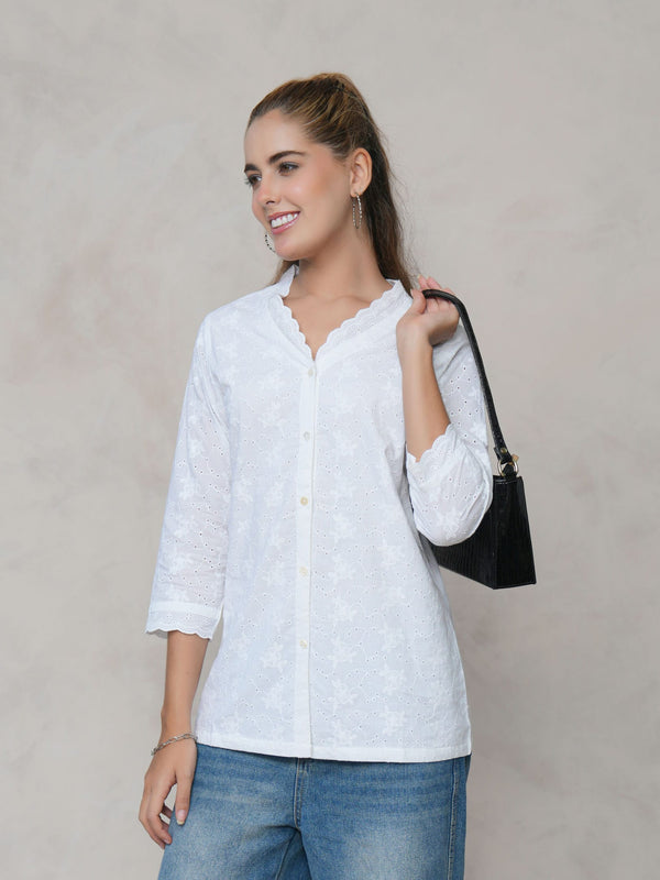Women’s White Cotton Embroidered Shirt
