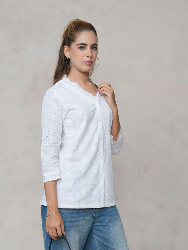 Women’s White Cotton Embroidered Shirt