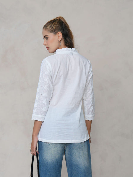 Women’s White Cotton Embroidered Shirt