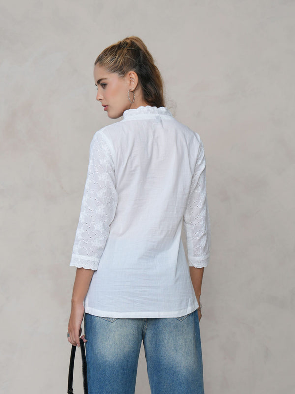 Women’s White Cotton Embroidered Shirt