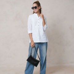 Women’s White Cotton Embroidered Shirt with Closed Neck and Half Sleeves