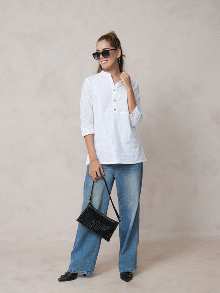 Women’s White Cotton Embroidered Shirt with Closed Neck and Half Sleeves