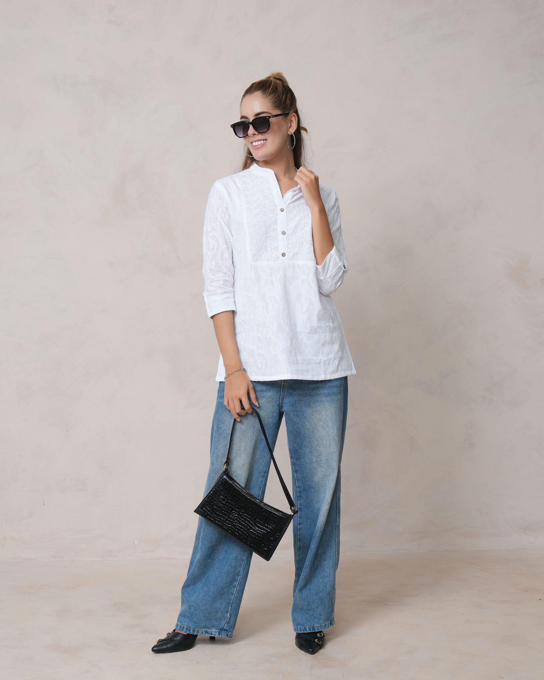 Women’s White Cotton Embroidered Shirt with Closed Neck and Half Sleeves
