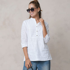 Women’s White Cotton Embroidered Shirt with Closed Neck and Half Sleeves