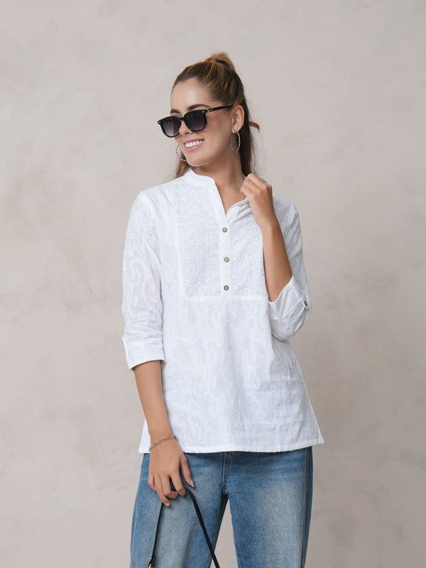 Women’s White Cotton Embroidered Shirt with Closed Neck and Half Sleeves