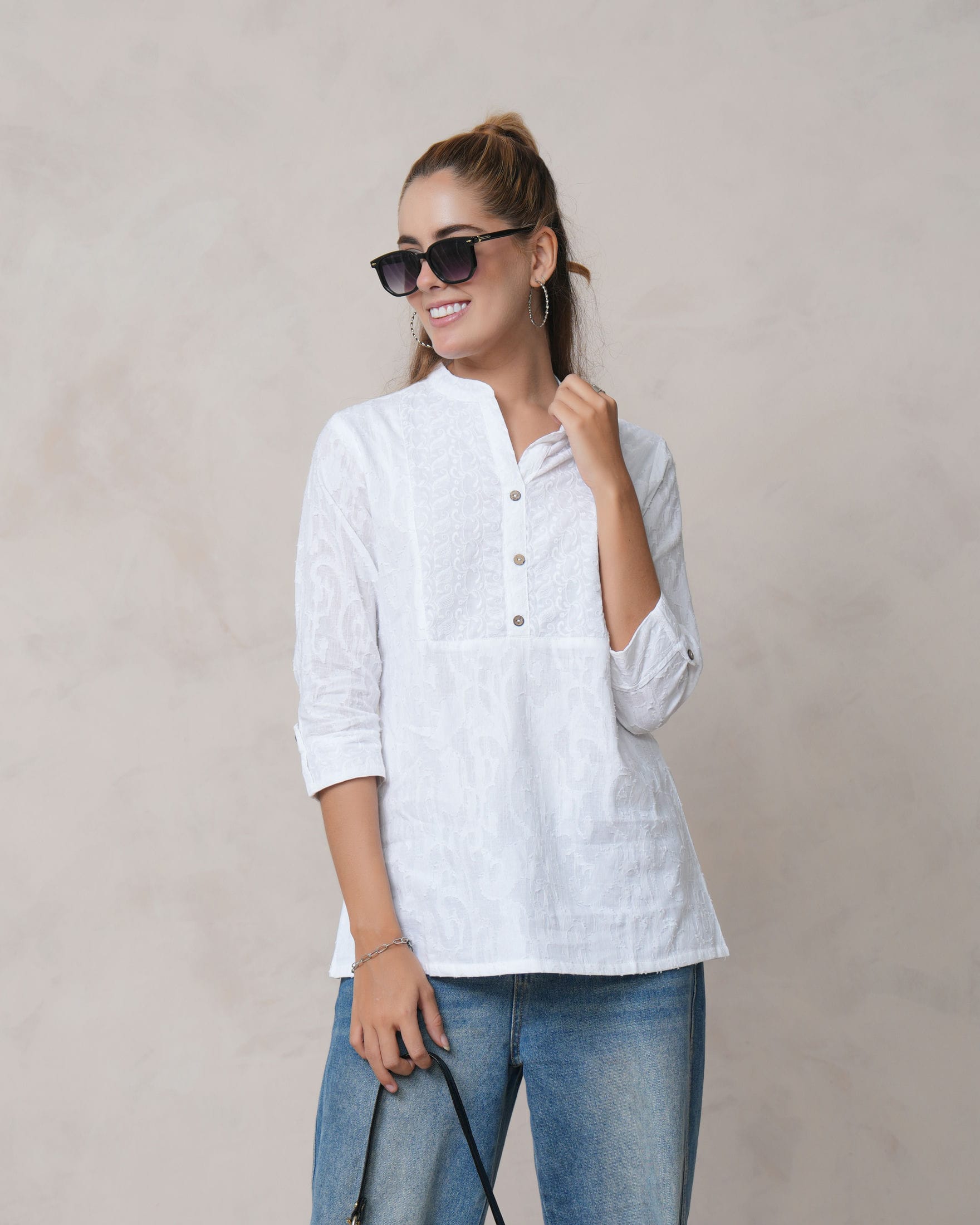 Women’s White Cotton Embroidered Shirt with Closed Neck and Half Sleeves