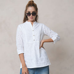 Women’s White Cotton Embroidered Shirt with Closed Neck and Half Sleeves