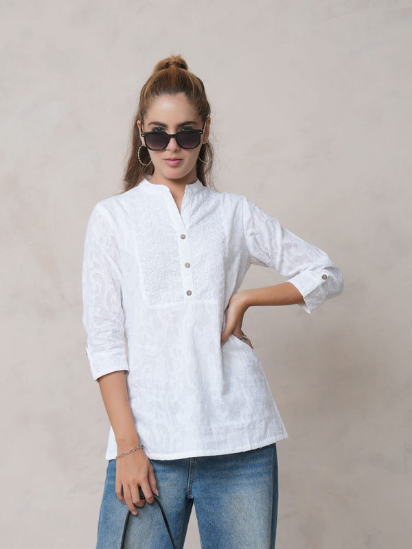 Women’s White Cotton Embroidered Shirt with Closed Neck and Half Sleeves