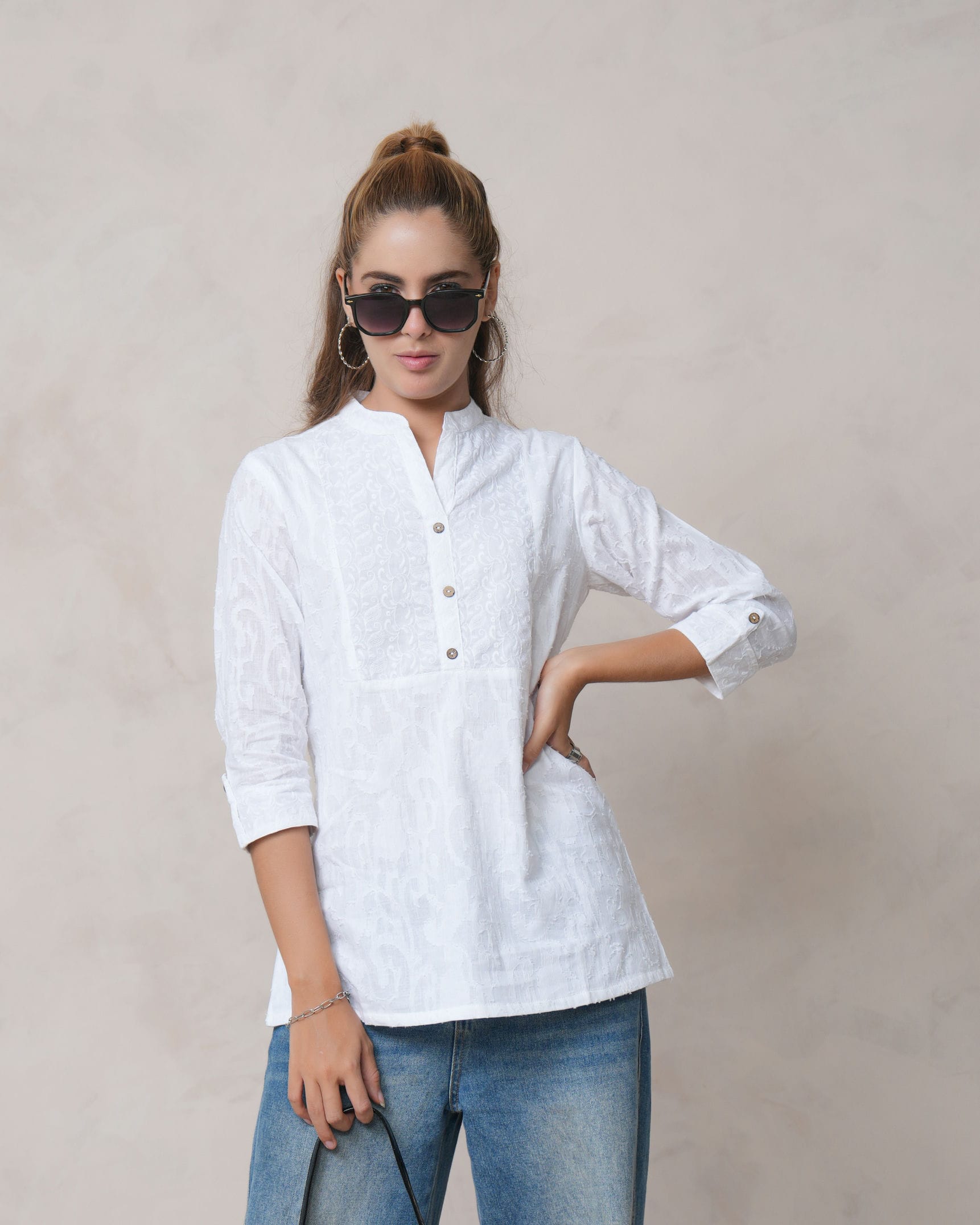 Women’s White Cotton Embroidered Shirt with Closed Neck and Half Sleeves