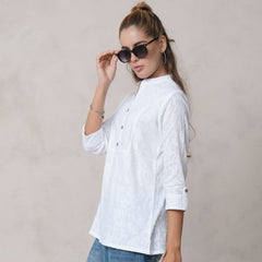 Women’s White Cotton Embroidered Shirt with Closed Neck and Half Sleeves