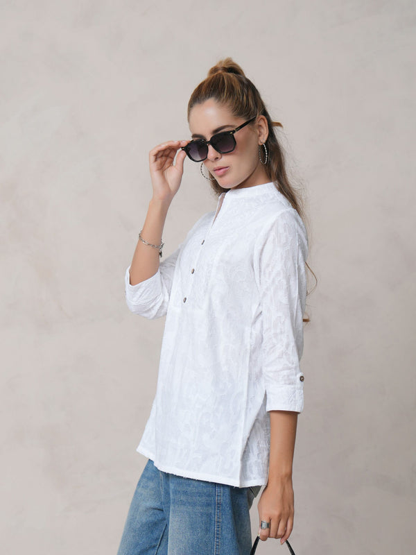 Women’s White Cotton Embroidered Shirt with Closed Neck and Half Sleeves