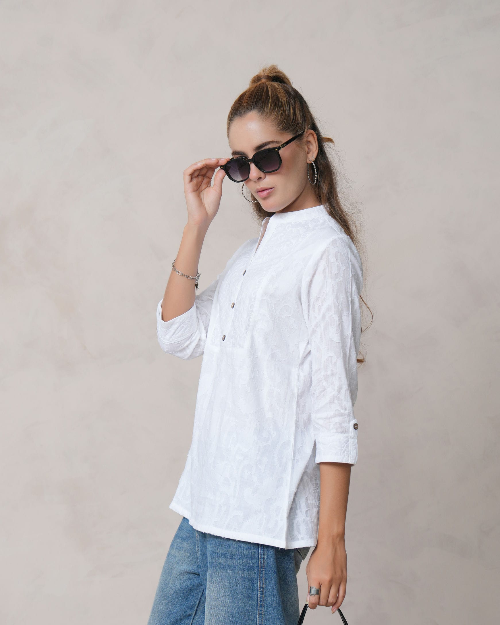 Women’s White Cotton Embroidered Shirt with Closed Neck and Half Sleeves