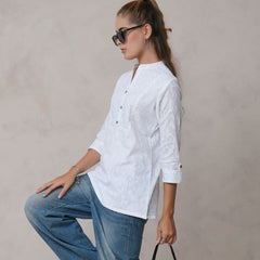 Women’s White Cotton Embroidered Shirt with Closed Neck and Half Sleeves