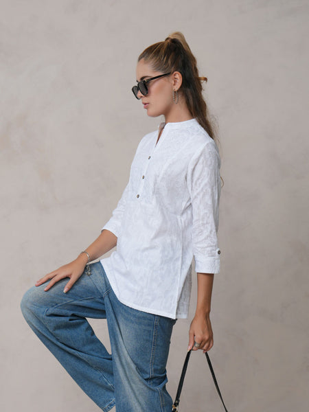 Women’s White Cotton Embroidered Shirt with Closed Neck and Half Sleeves