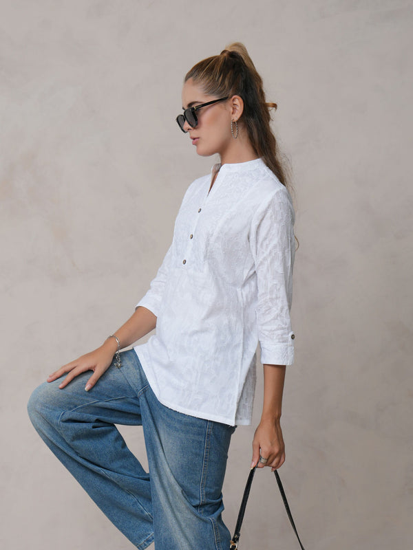 Women’s White Cotton Embroidered Shirt with Closed Neck and Half Sleeves