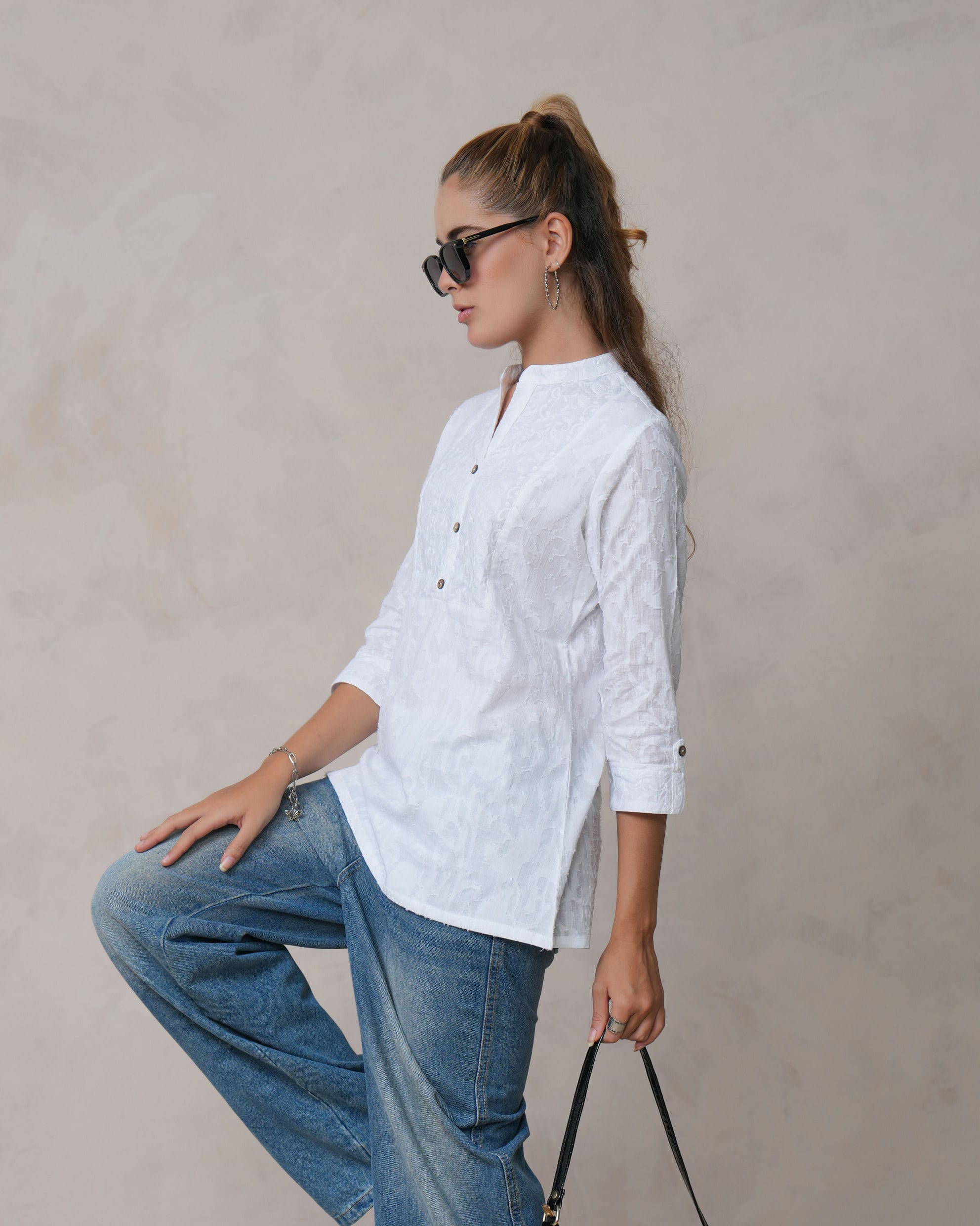 Women’s White Cotton Embroidered Shirt with Closed Neck and Half Sleeves
