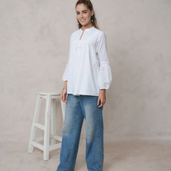 Women’s White Cotton Embroidered Shirt with Closed Neck and Full Sleeves