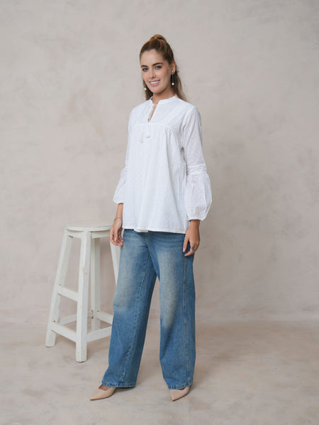 Women’s White Cotton Embroidered Shirt with Closed Neck and Full Sleeves