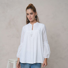 Women’s White Cotton Embroidered Shirt with Closed Neck and Full Sleeves