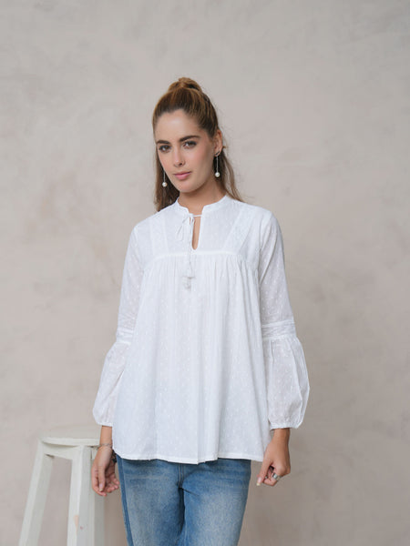 Women’s White Cotton Embroidered Shirt with Closed Neck and Full Sleeves
