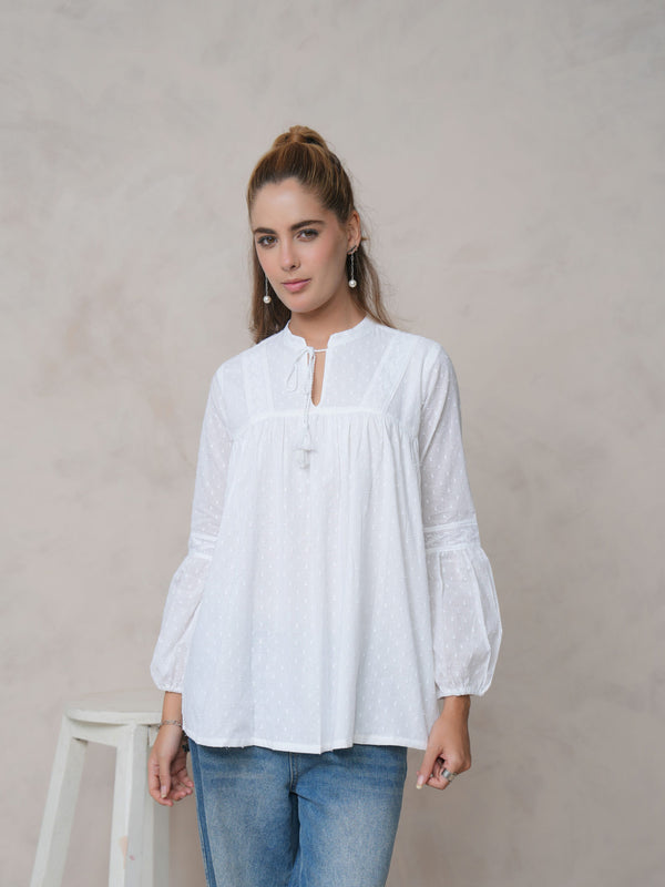 Women’s White Cotton Embroidered Shirt with Closed Neck and Full Sleeves