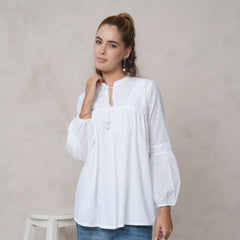 Women’s White Cotton Embroidered Shirt with Closed Neck and Full Sleeves