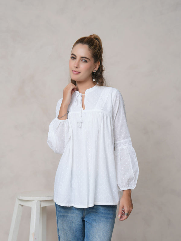 Women’s White Cotton Embroidered Shirt with Closed Neck and Full Sleeves