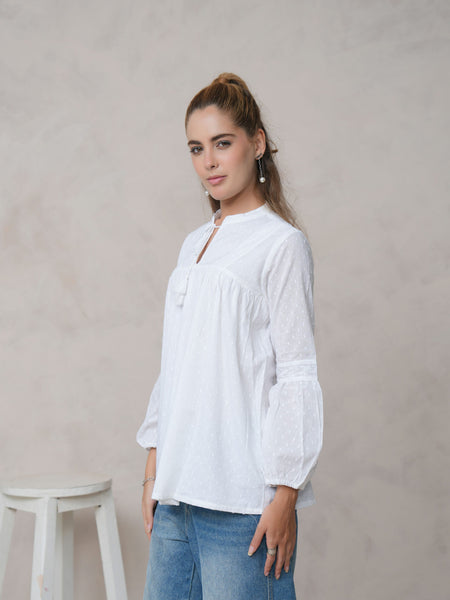 Women’s White Cotton Embroidered Shirt with Closed Neck and Full Sleeves