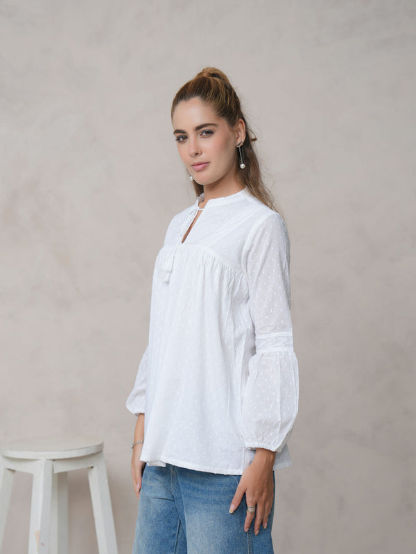 Women’s White Cotton Embroidered Shirt with Closed Neck and Full Sleeves