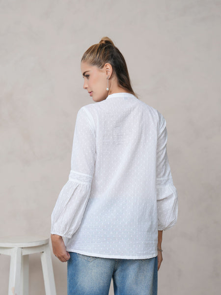 Women’s White Cotton Embroidered Shirt with Closed Neck and Full Sleeves