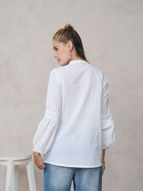Women’s White Cotton Embroidered Shirt with Closed Neck and Full Sleeves