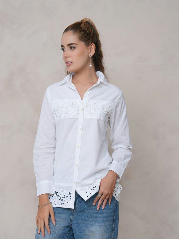 Women’s Cotton Embroidered Shirt with Collar Neck and Full Sleeves