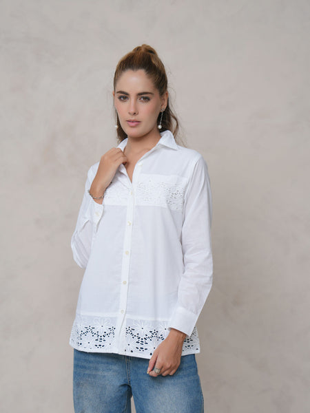 Women’s Cotton Embroidered Shirt with Collar Neck and Full Sleeves
