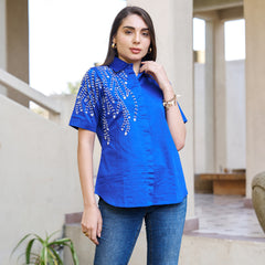 Elegant Blue Embellished Short Sleeve Cotton Top