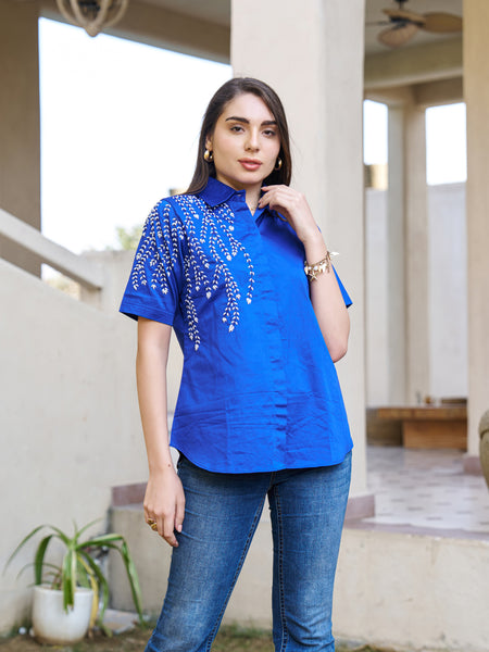 Elegant Blue Embellished Short Sleeve Cotton Top