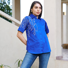 Elegant Blue Embellished Short Sleeve Cotton Top