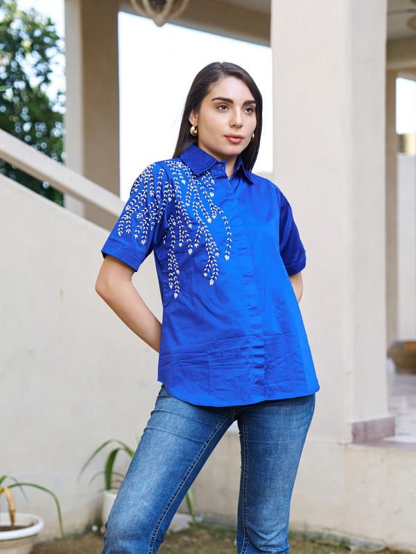 Elegant Blue Embellished Short Sleeve Cotton Top