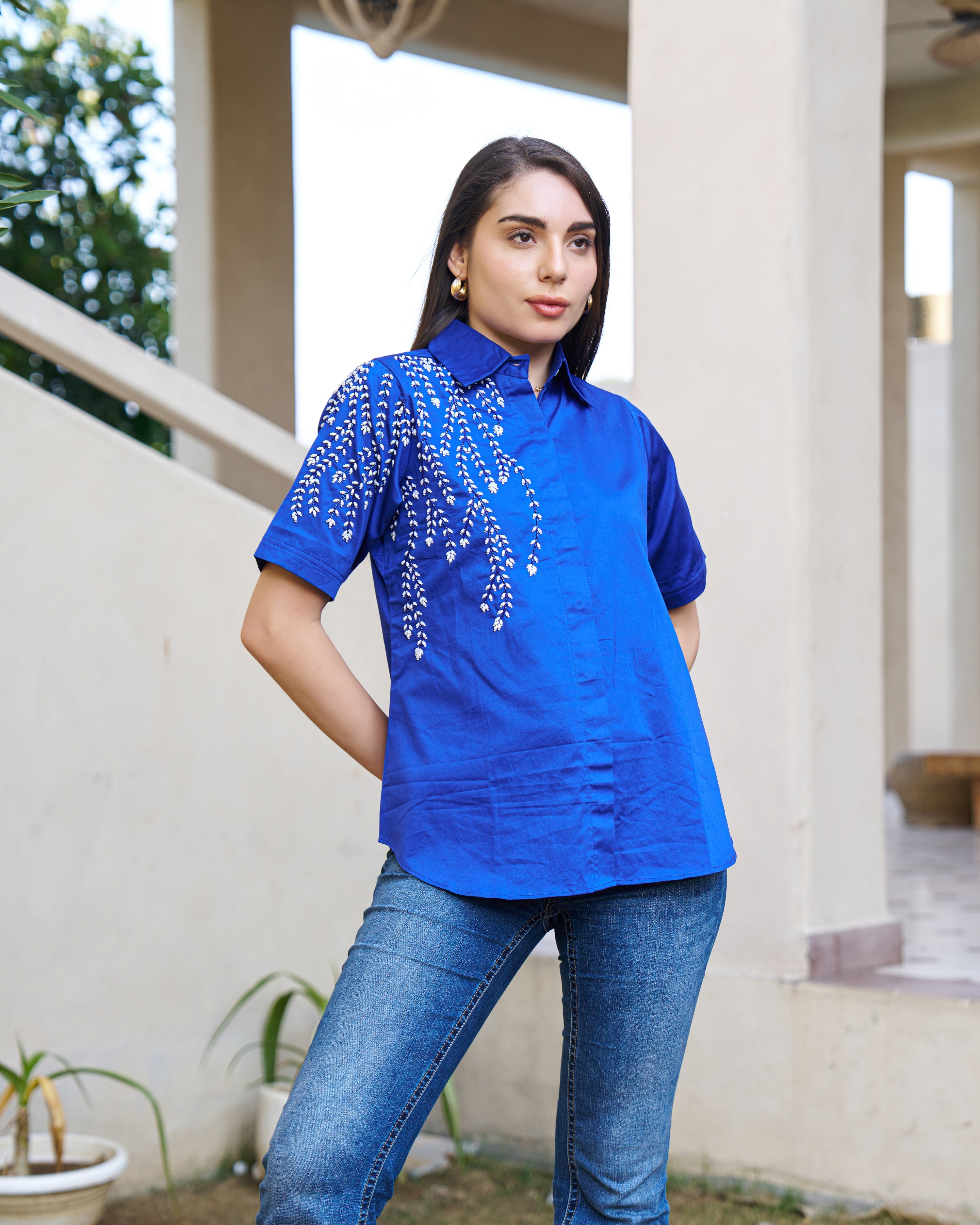Elegant Blue Embellished Short Sleeve Cotton Top