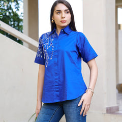 Elegant Blue Embellished Short Sleeve Cotton Top