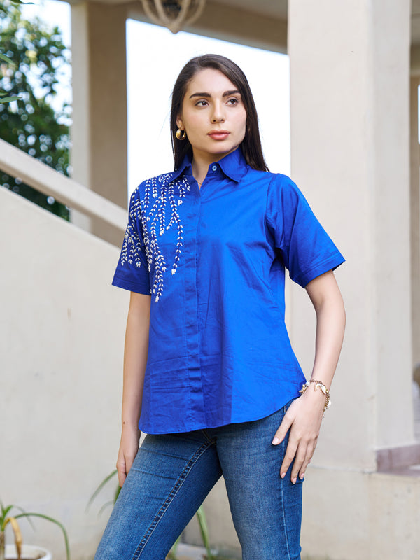 Elegant Blue Embellished Short Sleeve Cotton Top