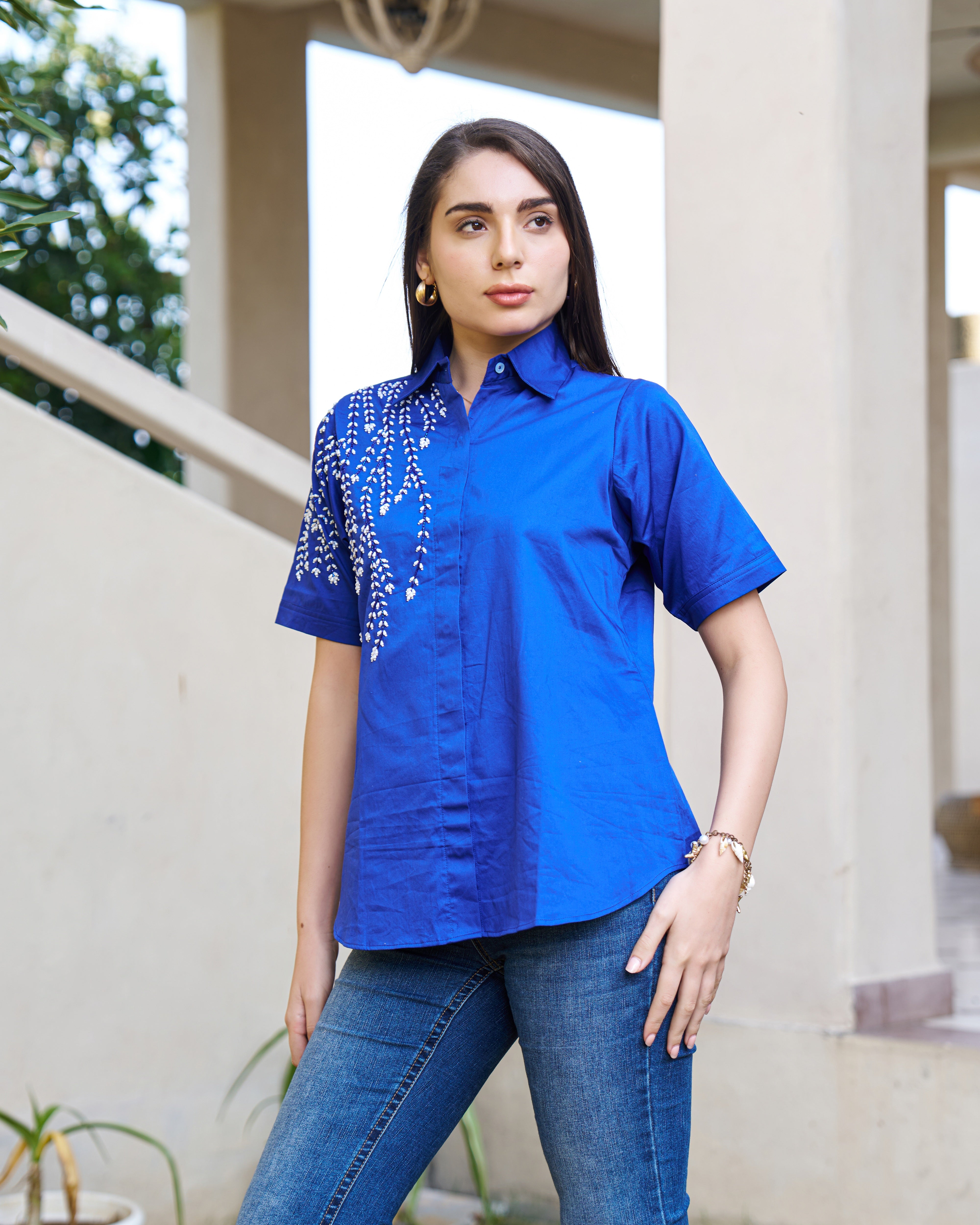 Elegant Blue Embellished Short Sleeve Cotton Top