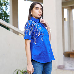 Elegant Blue Embellished Short Sleeve Cotton Top