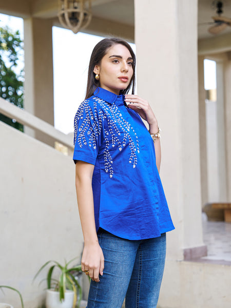 Elegant Blue Embellished Short Sleeve Cotton Top